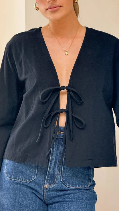 Kiera Tie Front Top Black