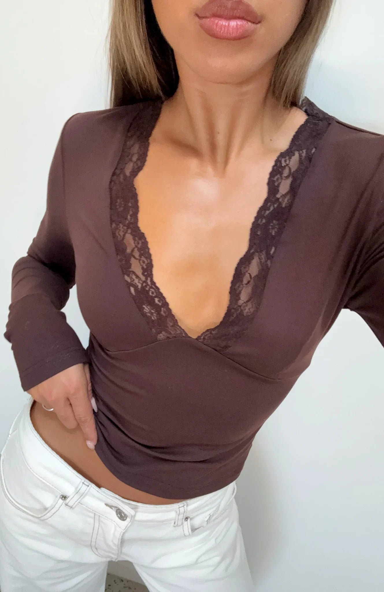 Knew That All Along Lace Trim Long Sleeve Top Chocolate