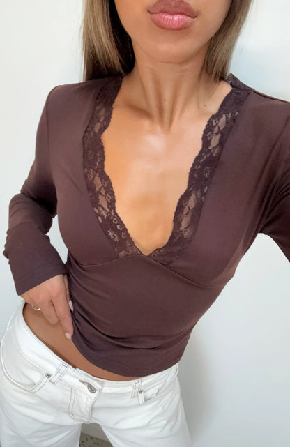 Knew That All Along Lace Trim Long Sleeve Top Chocolate