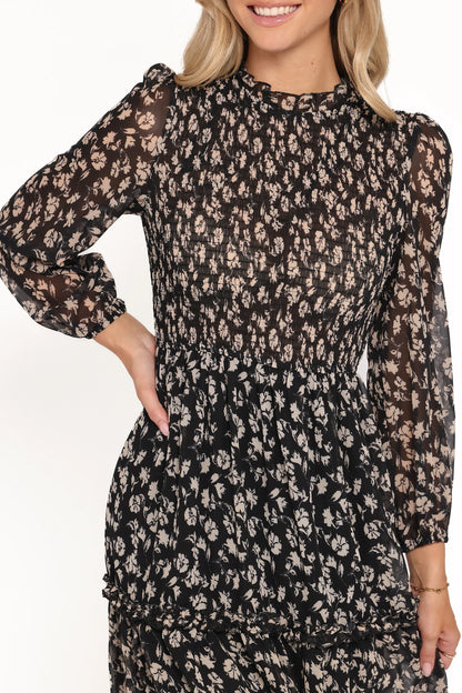 Edwina Shirred Frill Long Sleeve Midi Dress Black Ditsy Floral