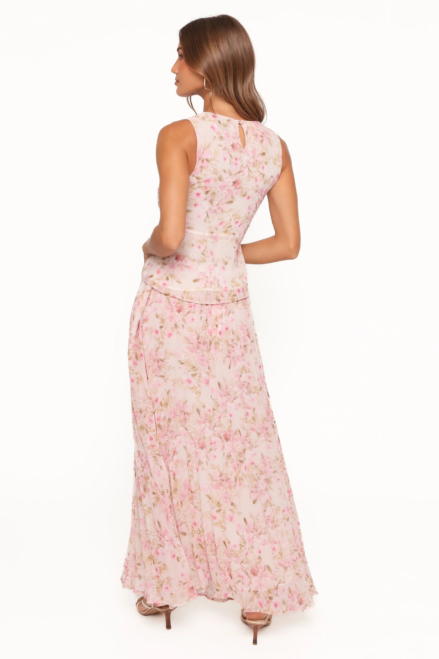 Mena Pleated Maxi Skirt Blurred Pink Floral