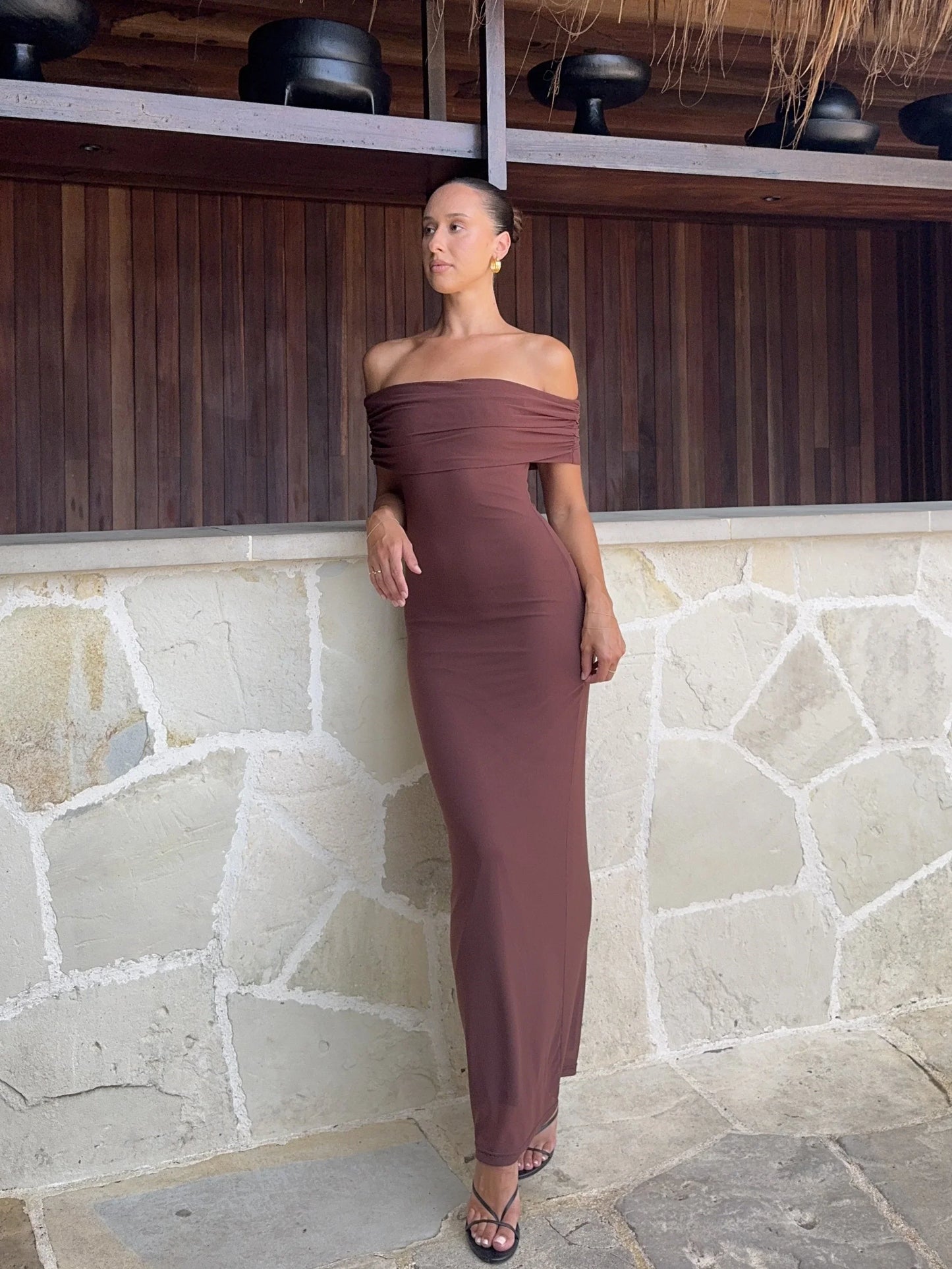Darcey Off Shoulder Maxi Dress Brown