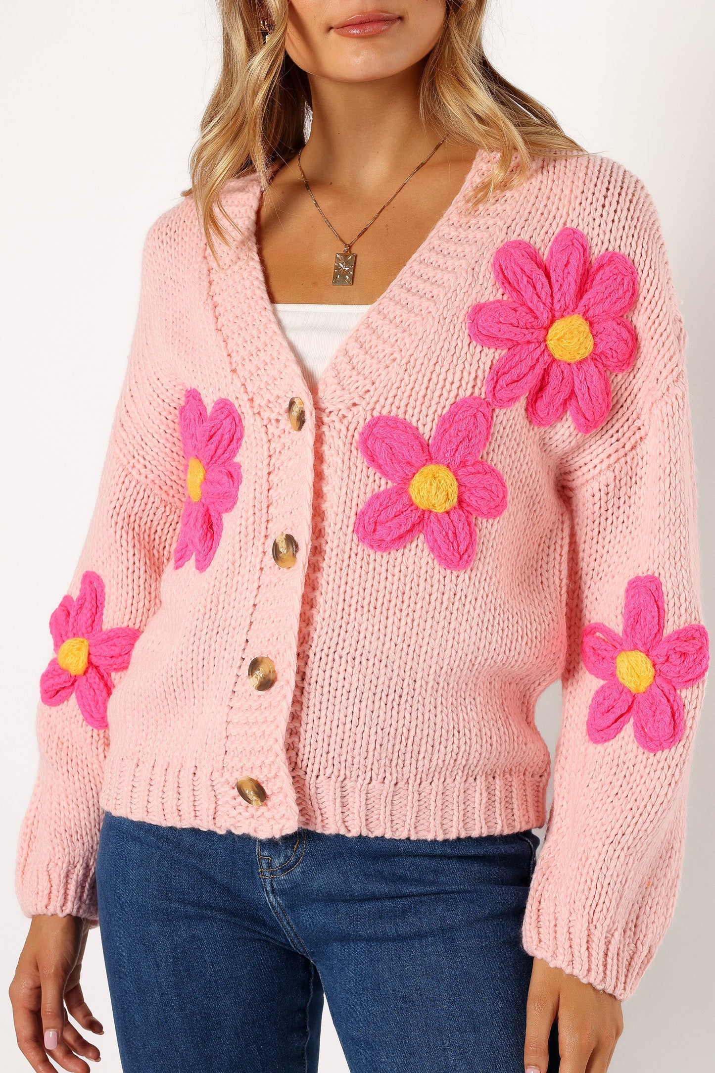 Clementine Flower Embroidered Open Front Cardigan Pink