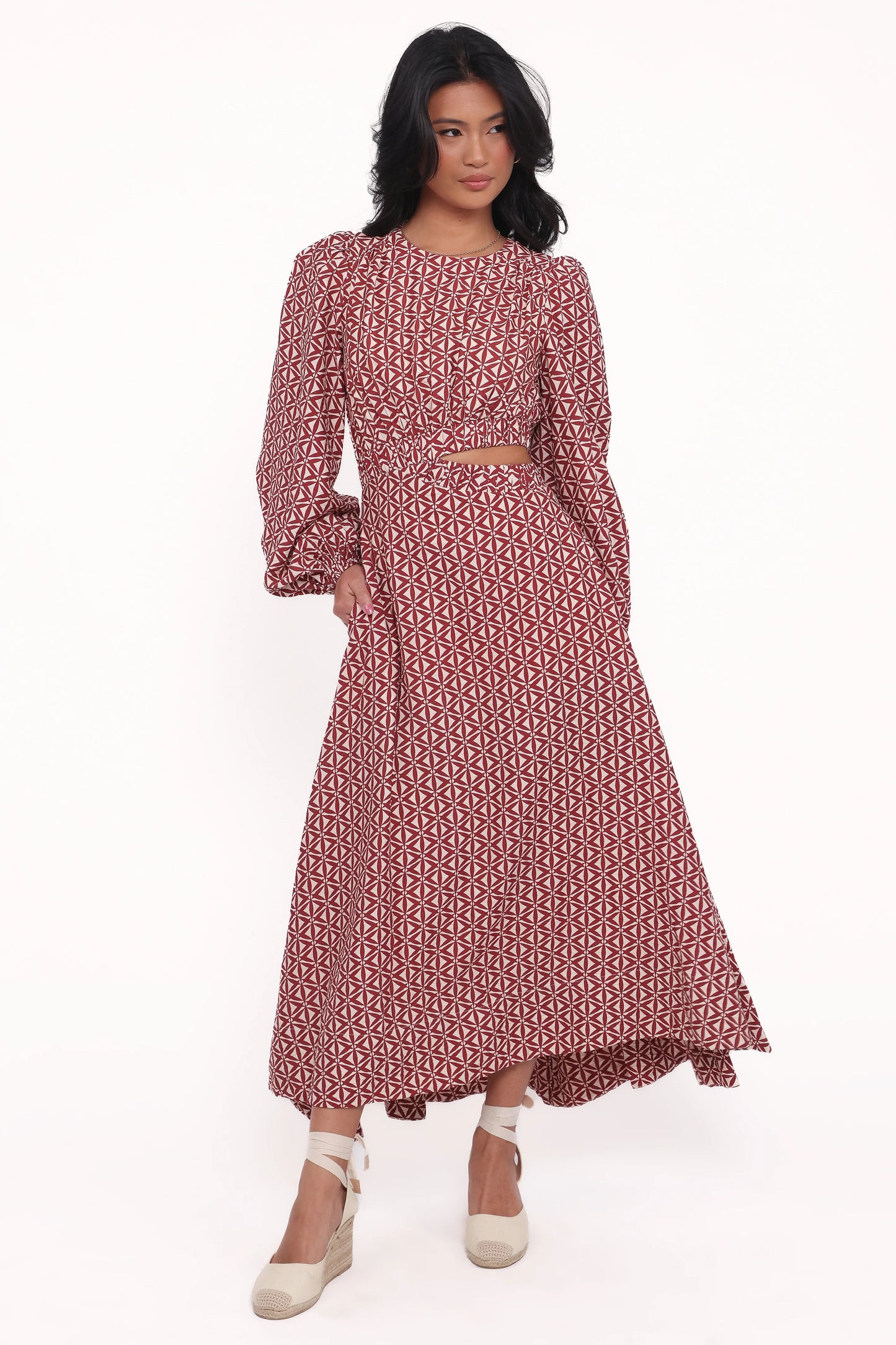 Ginnee Puff Sleeve Cutout Midi Dress Brown Geo