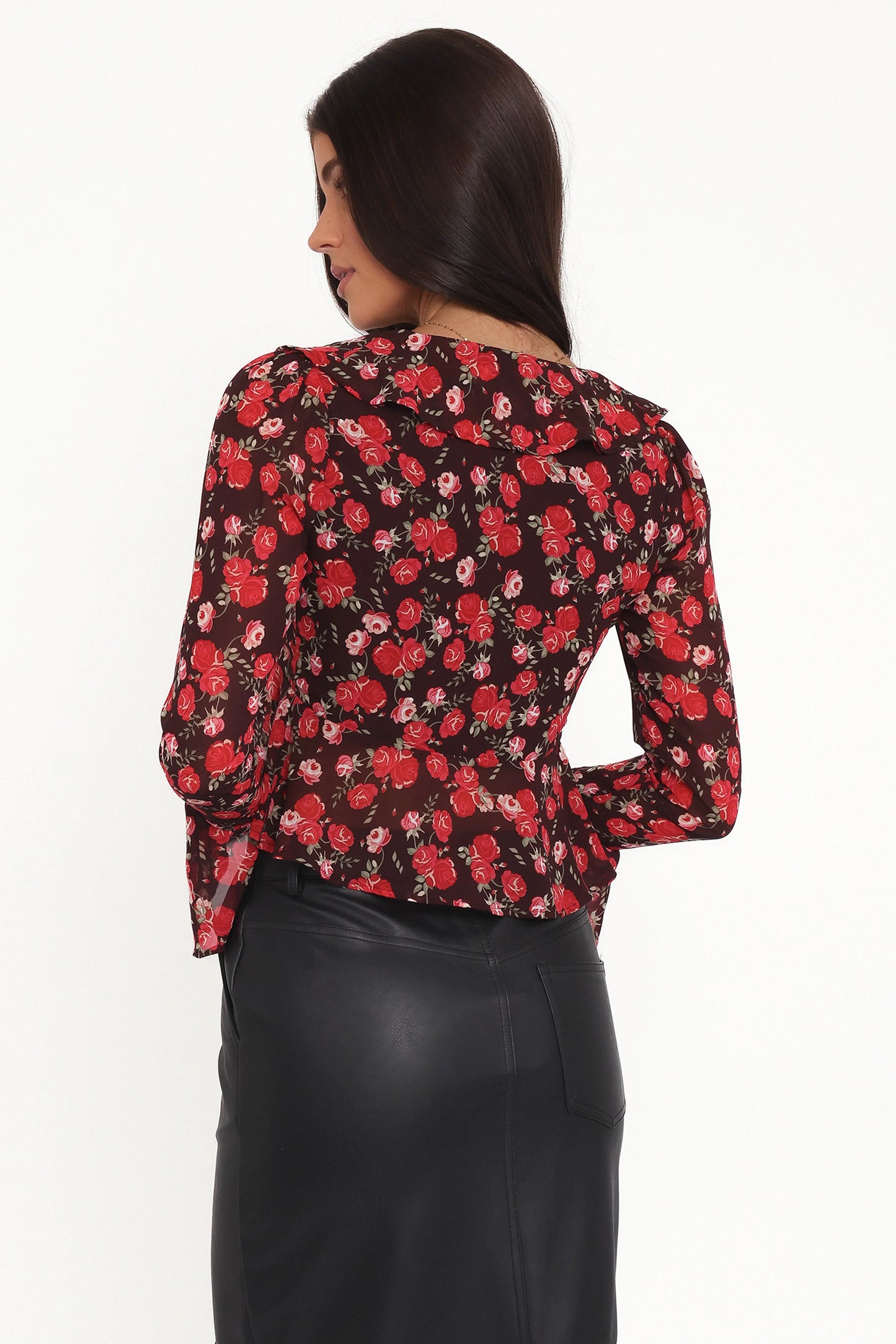 Aveline Chiffon Ruffle Front Top Brown Floral
