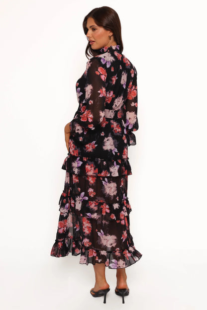 Isadora Long Sleeve Maxi Dress Black Blurred Floral