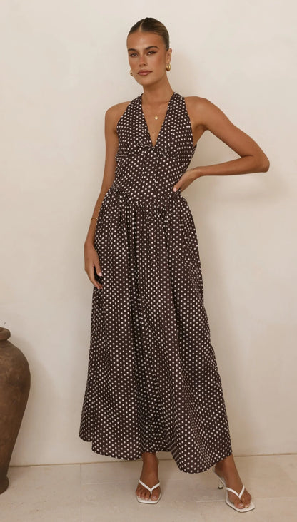 Rachel Tie Back Maxi Dress Chocolate White Spot