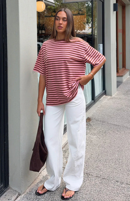 Touchdown Oversized Tee Brown Pink Stripe