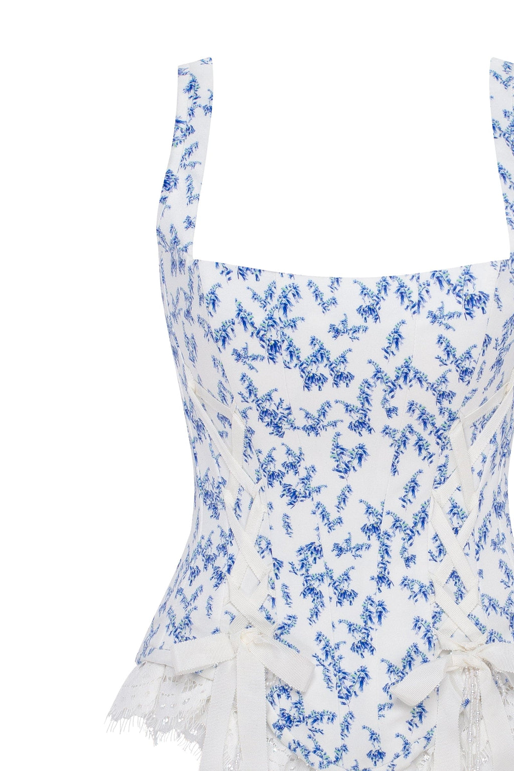 Blue lavender corset on straps with bows and ribbon lacing