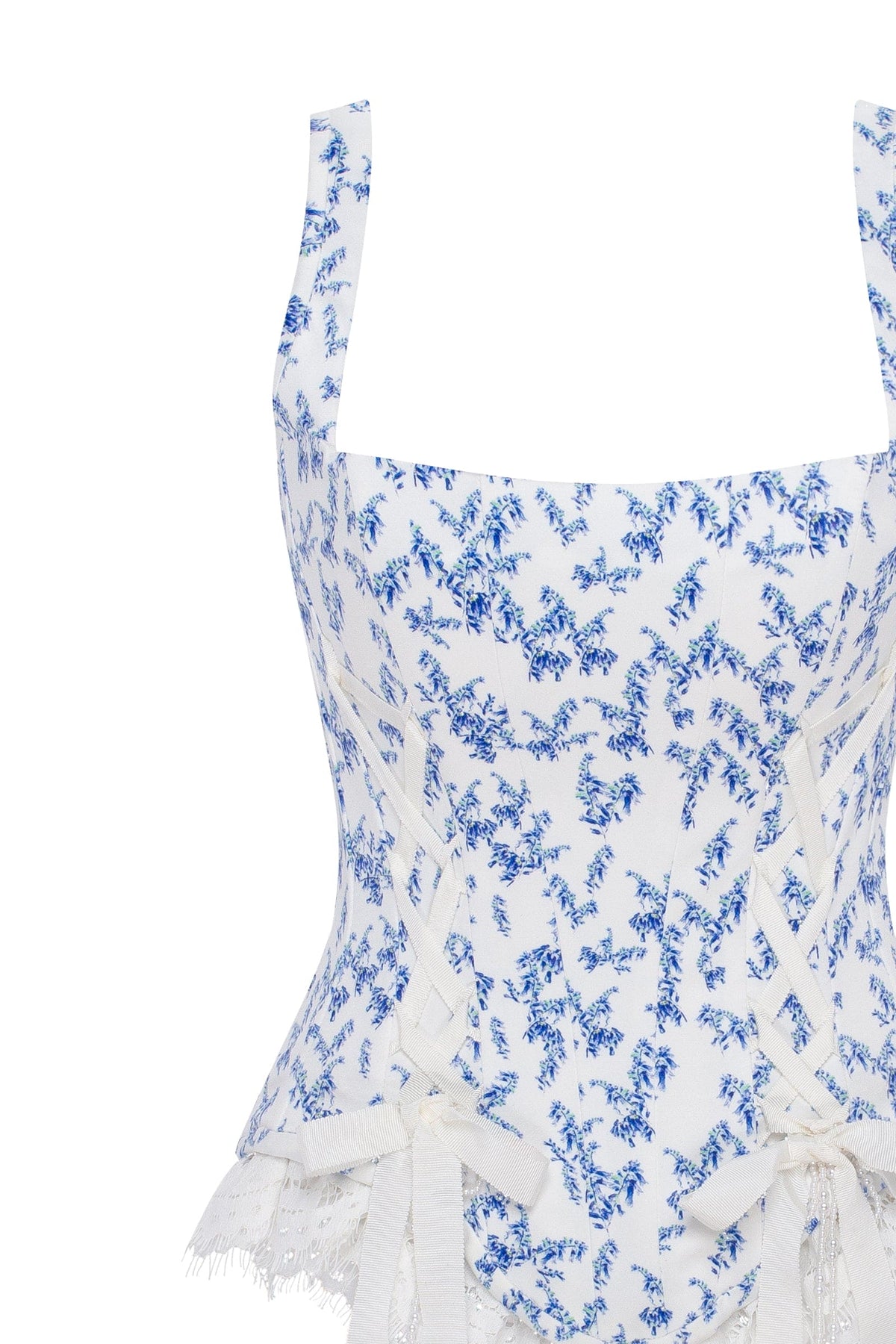 Blue lavender corset on straps with bows and ribbon lacing