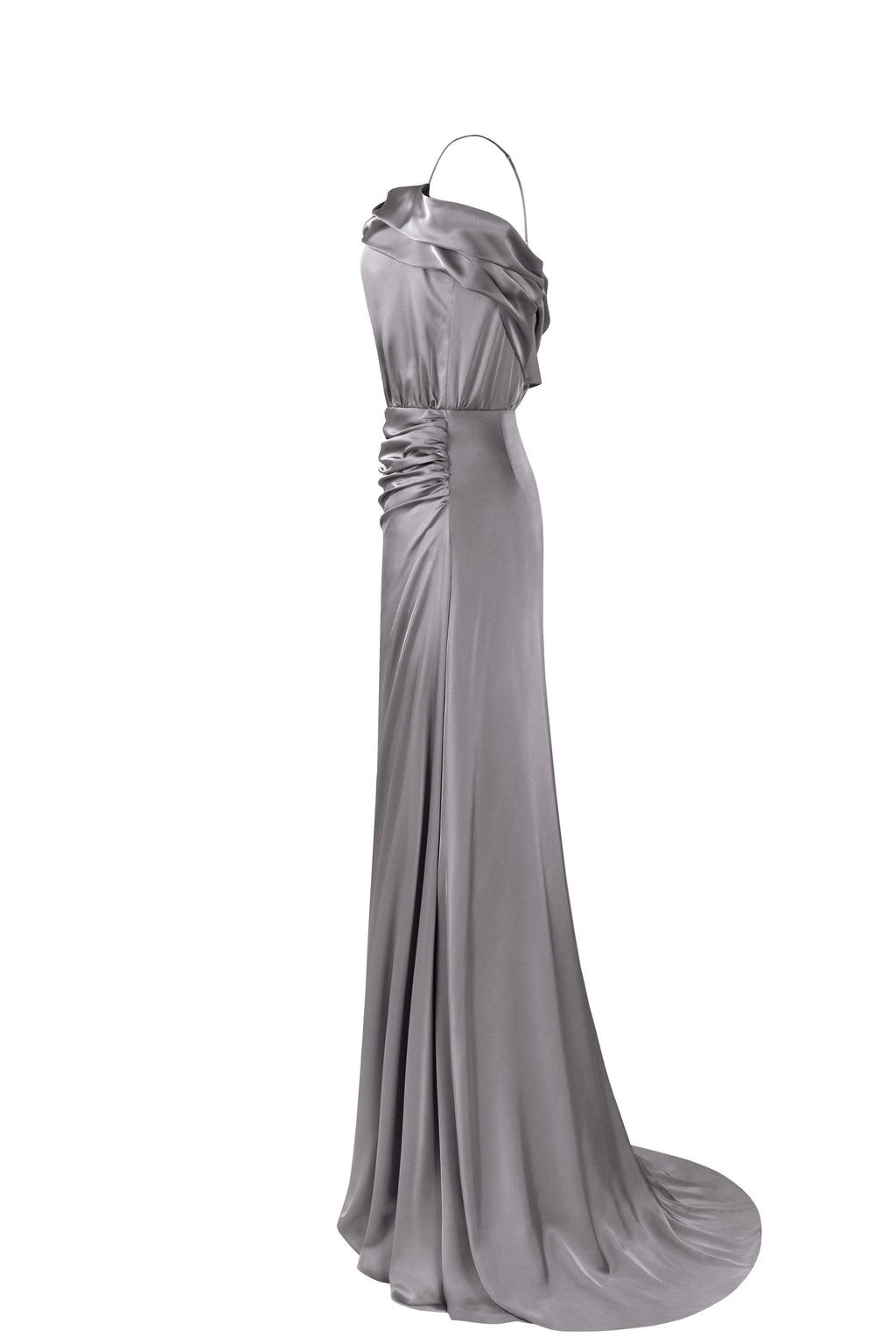 Elegant silver off the shoulder silk maxi dress