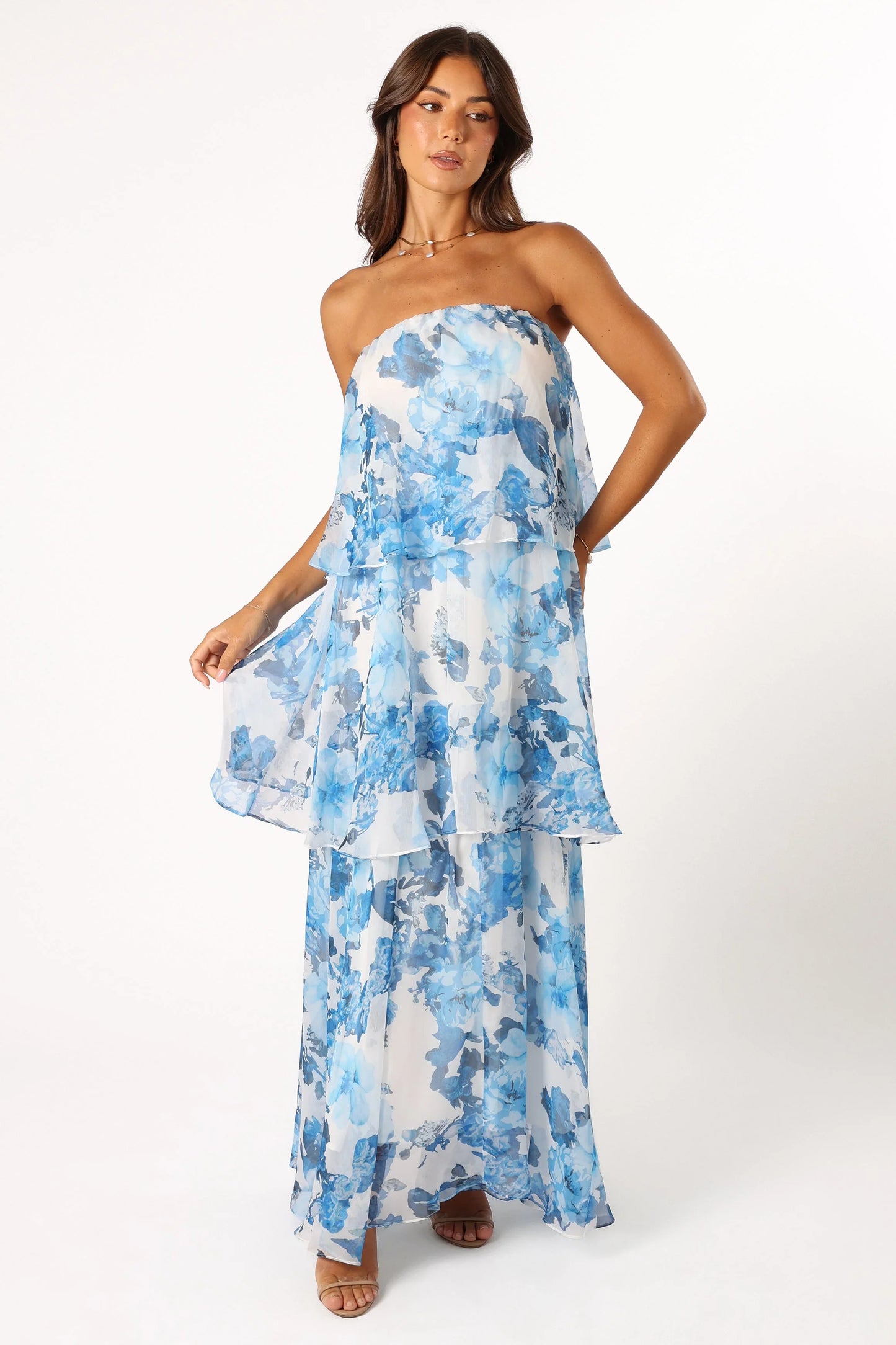 Bloom Strapless Maxi Dress Blue White Floral