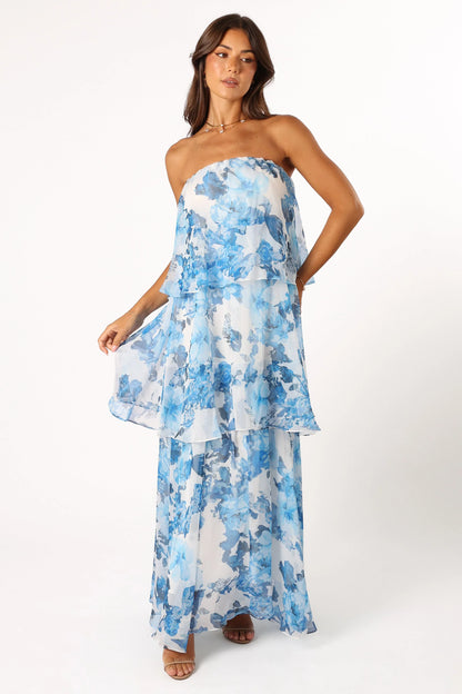 Bloom Strapless Maxi Dress Blue White Floral