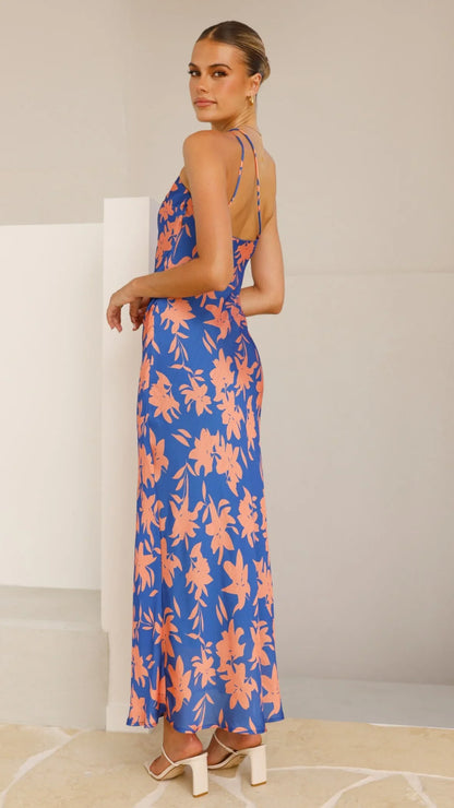 Verity One Shoulder Maxi Dress Orange Blue Floral