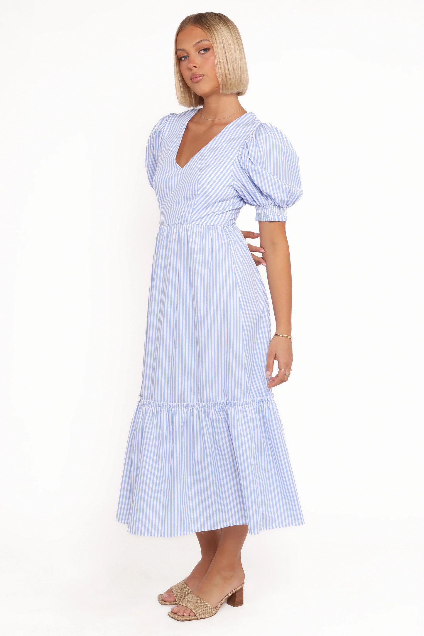 Steele Puff Sleeve Midi Dress Blue Stripe