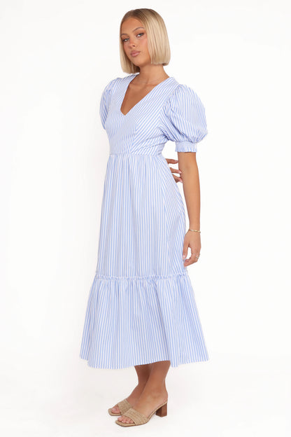 Steele Puff Sleeve Midi Dress Blue Stripe