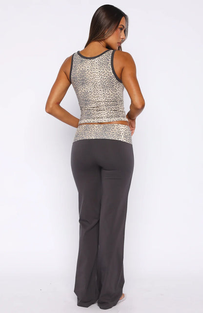 My Own Sunshine Fold Over Pants Charcoal Leopard Print