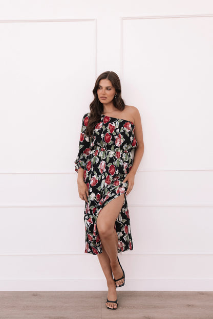 Pontee One Shoulder Pleated Midi Dress Black Rose Print