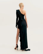 One shoulder ruffle trimmed maxi dress in black Xo Xo