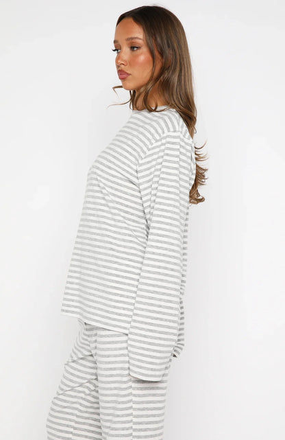 Slow Life Long Sleeve Pyjama Top Grey White Stripe