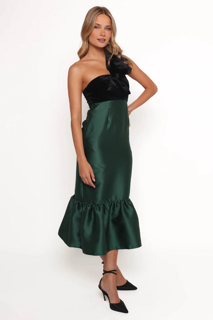 Amelie Bow Front One Shoulder Midi Dress Black Emerald