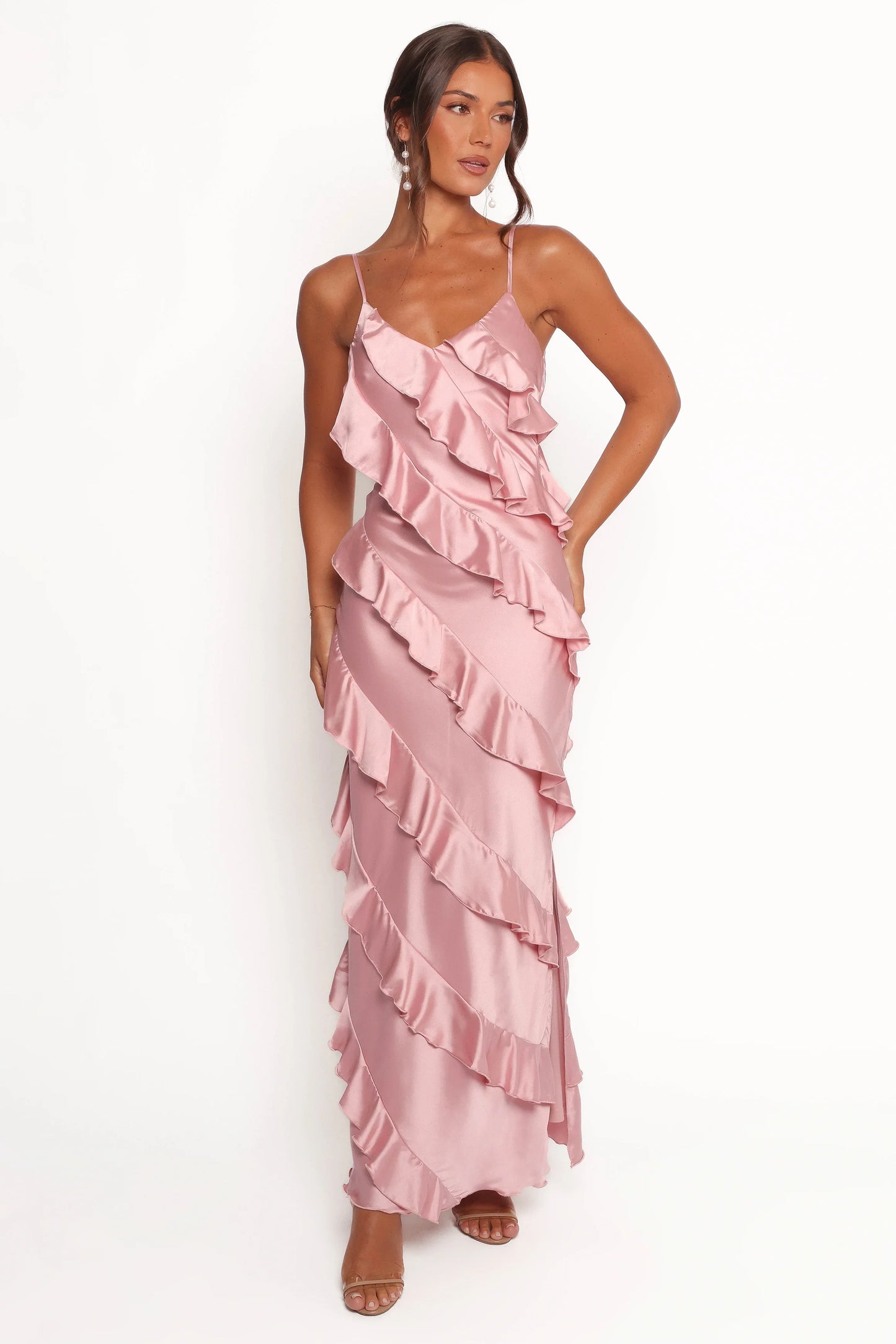 Ciao Ruffles Maxi Satin Dress Pink