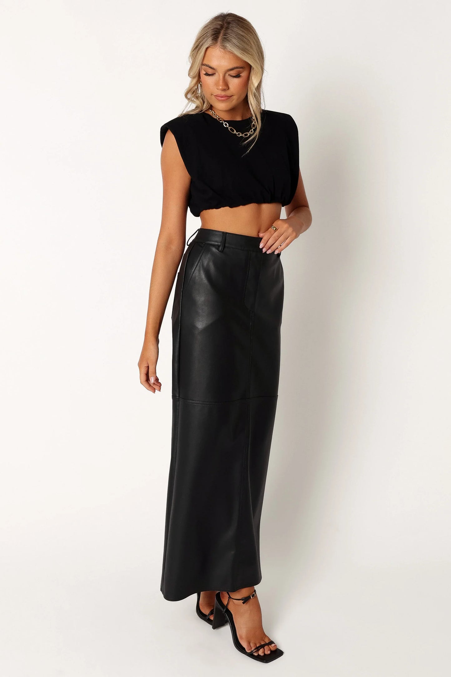 Jade Vegan Leather Column Skirt Black