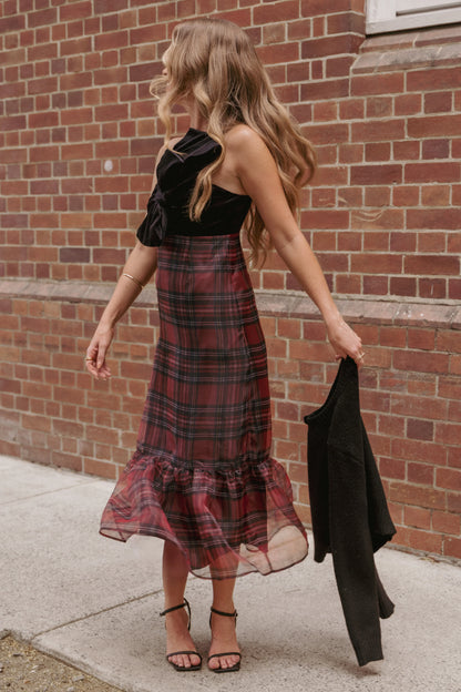 Amelie Bow Front One Shoulder Midi Dress Red Plaid