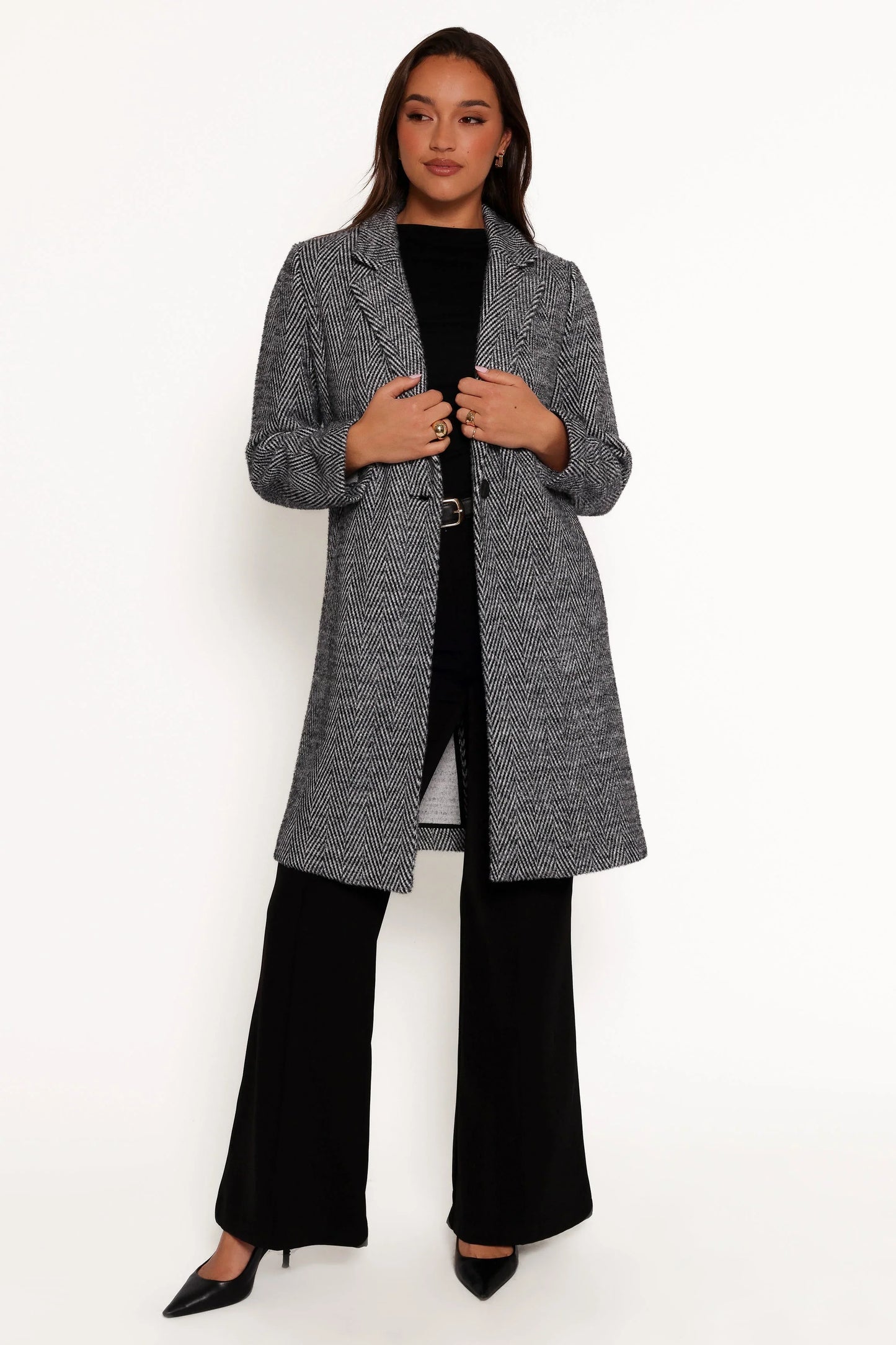Nicoletta Single Button Herringbone Coat Black