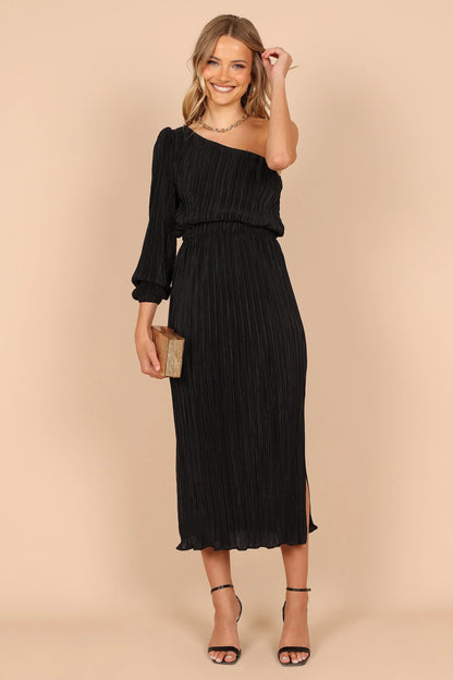 Pontee One Shoulder Pleated Midi Dress Black