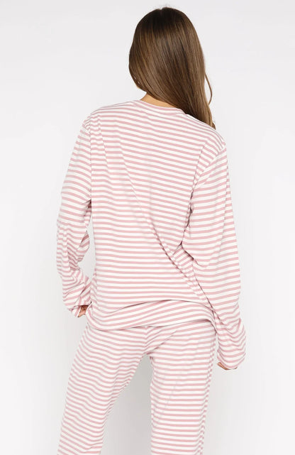 Slow Life Long Sleeve Pyjama Top Pink White Stripe