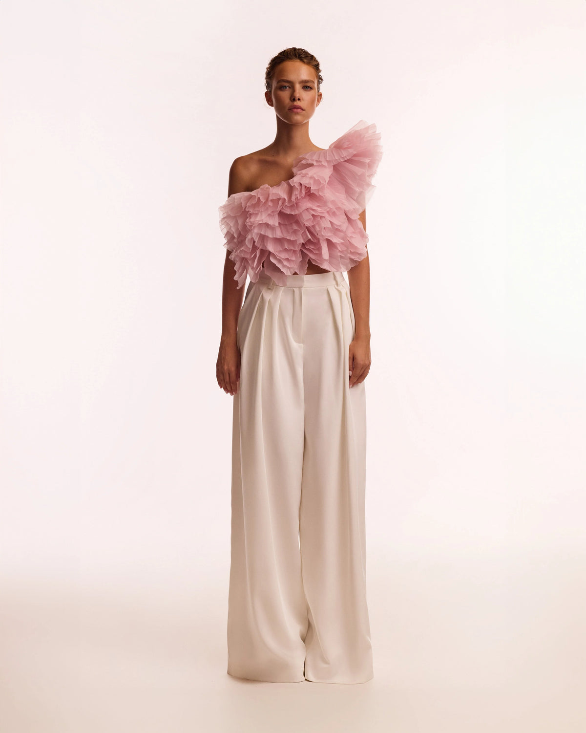 Flirty ruffled one shoulder organza pink top Midnight Walk