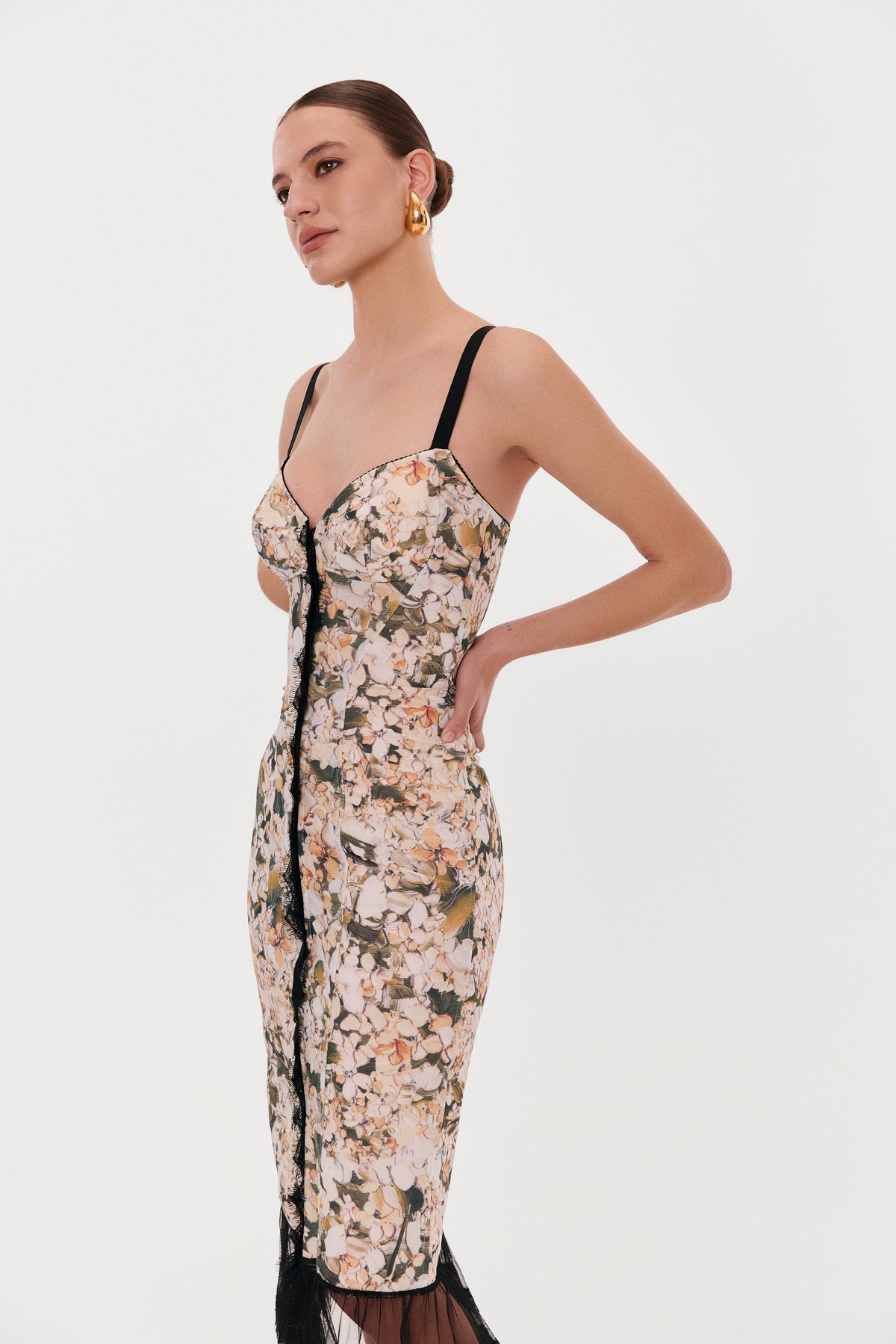 Floral midi dress with puffy tulle hem