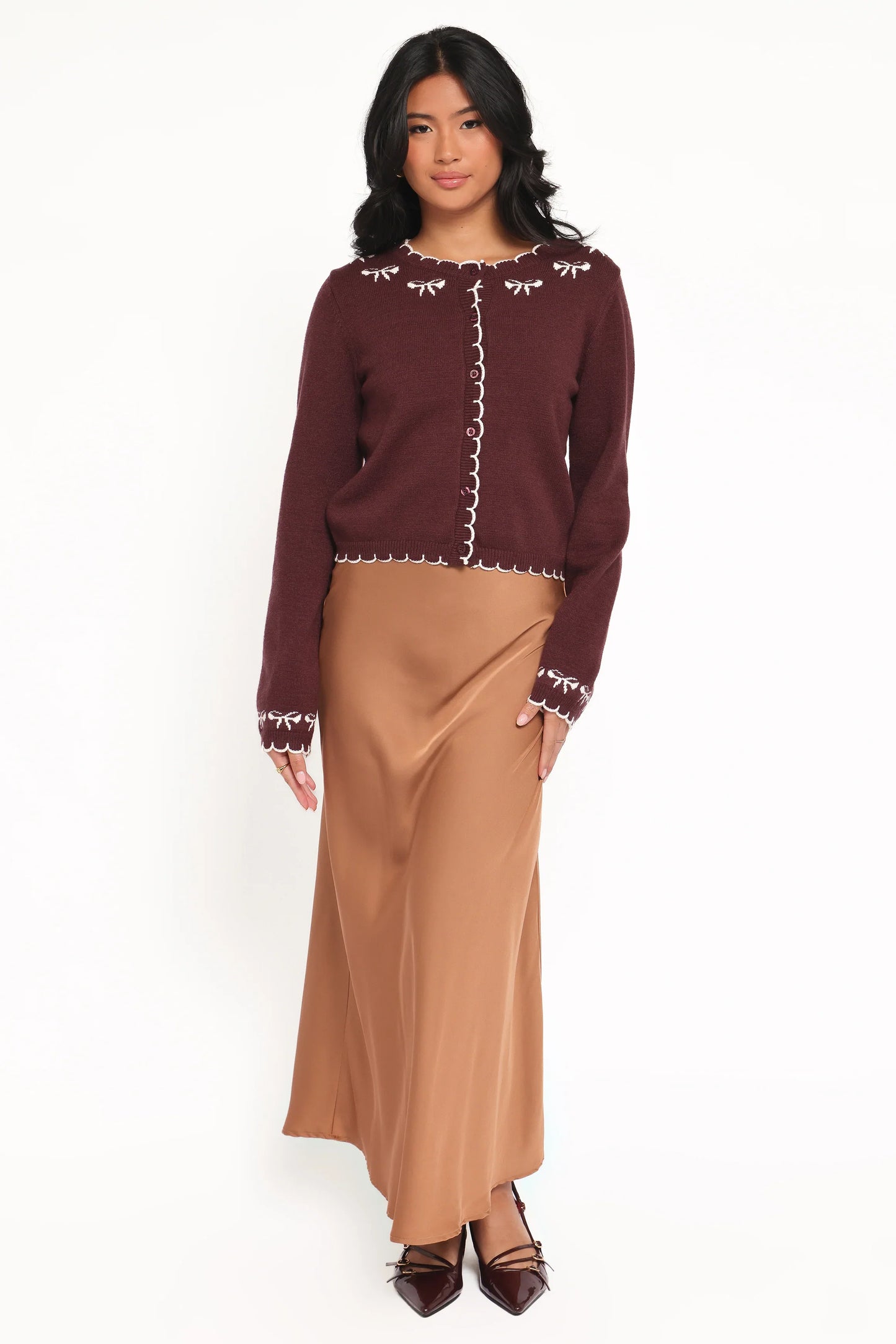 Payton Bow Scallop Cardigan Plum