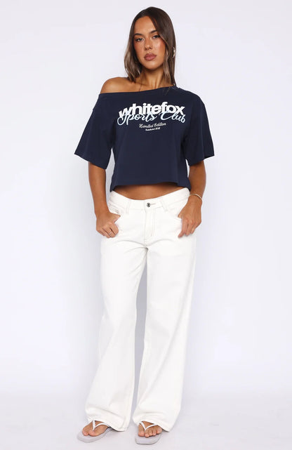 Ive Got That Feeling Boxy Off Shoulder Tee Navy