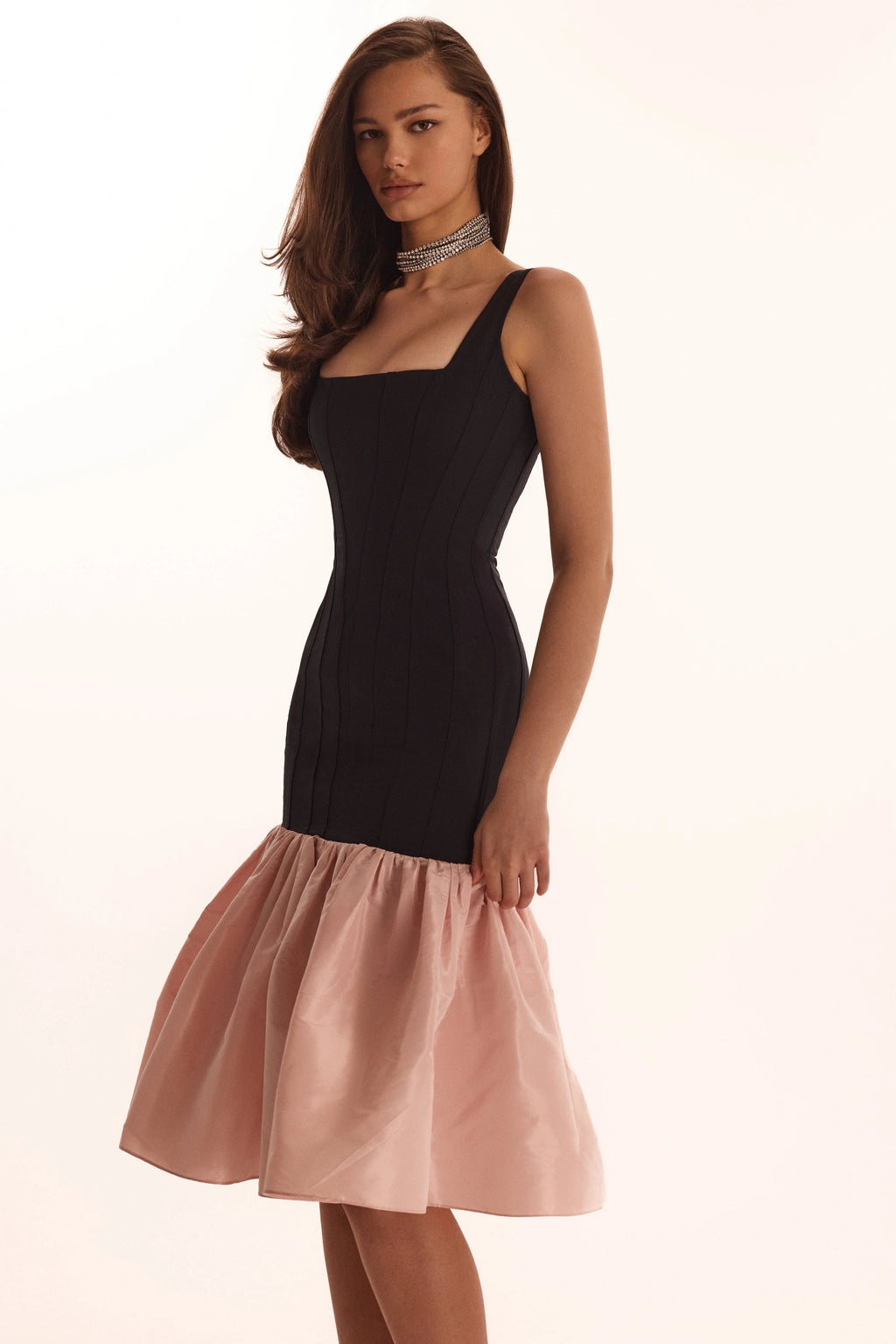 Black fitted maxi dress with pink puffy tiered skirt Parisienne