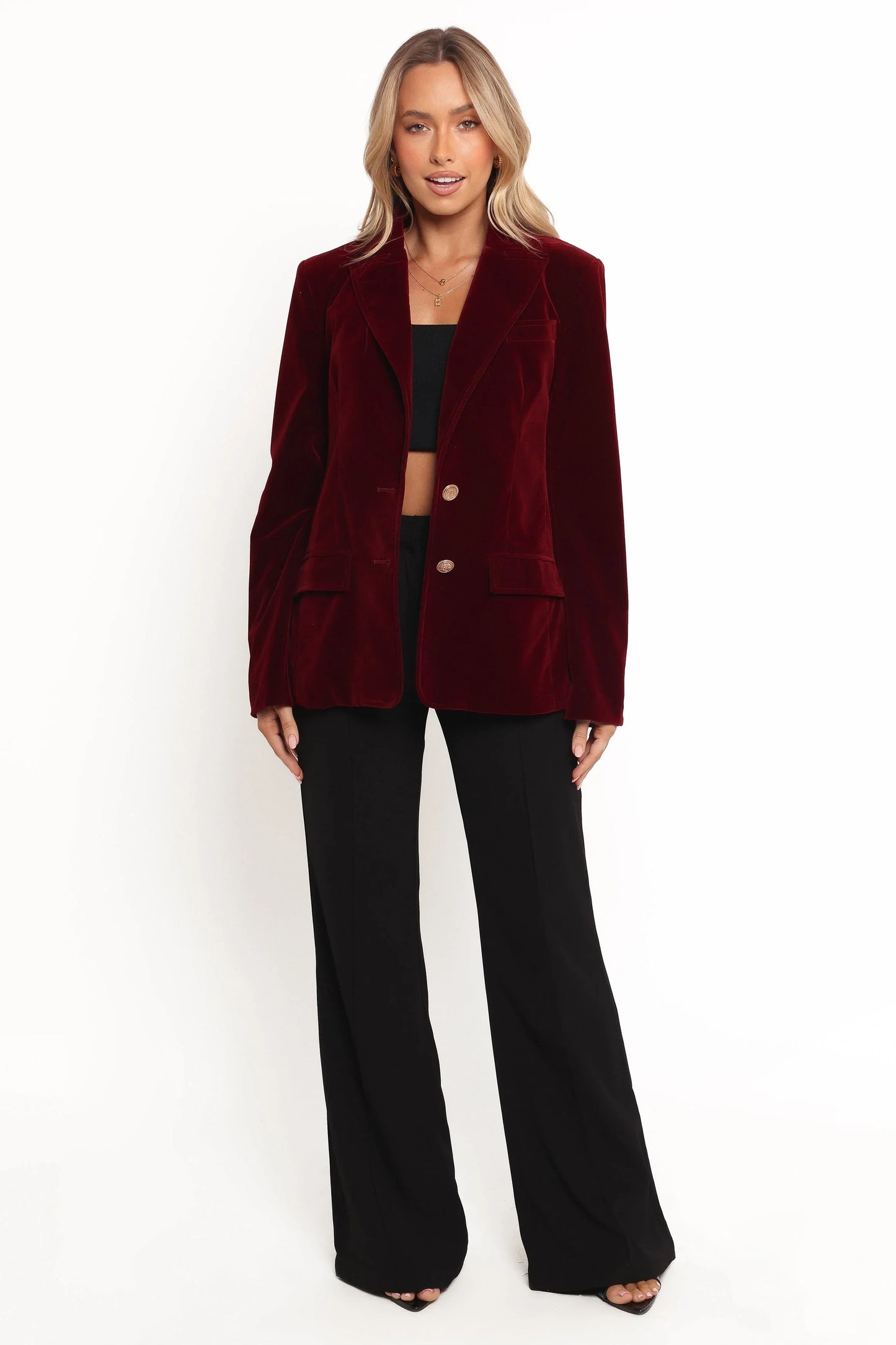 Zpya Single Button Velvet Blazer Berry
