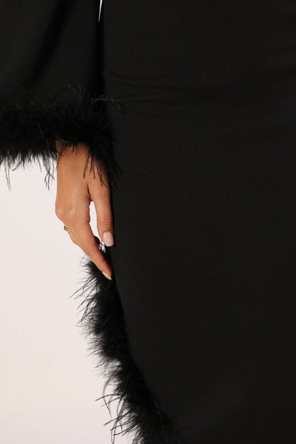 Dame One Shoulder Feather Midi Dress Black