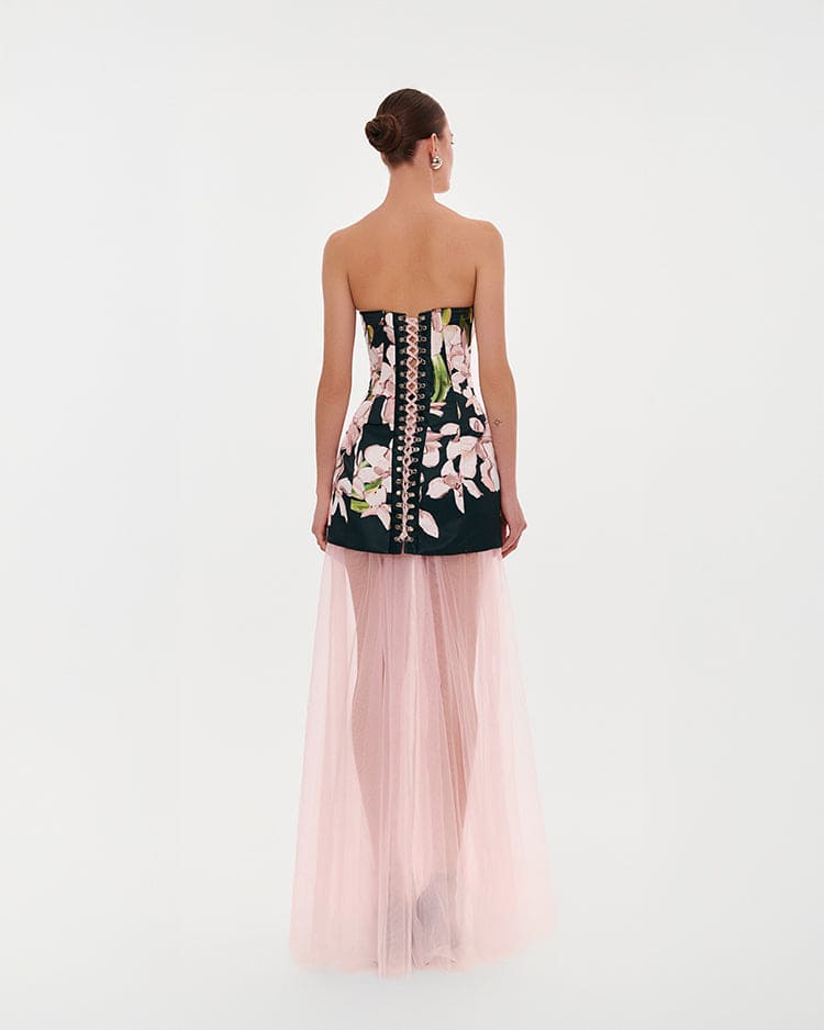 2 in 1 floral mini dress with a detachable candy pink sheer underskirt