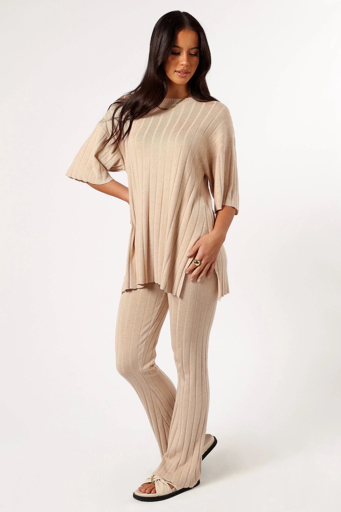 Silvie Short Sleeve Knitted Set Beige