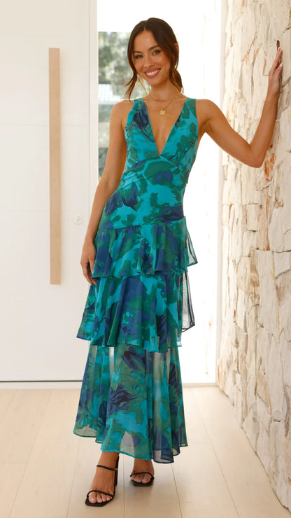 Sachiko Maxi Dress Blue Green Print