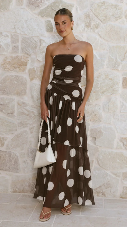 Riko Strapless Maxi Dress Chocolate Macro Polka