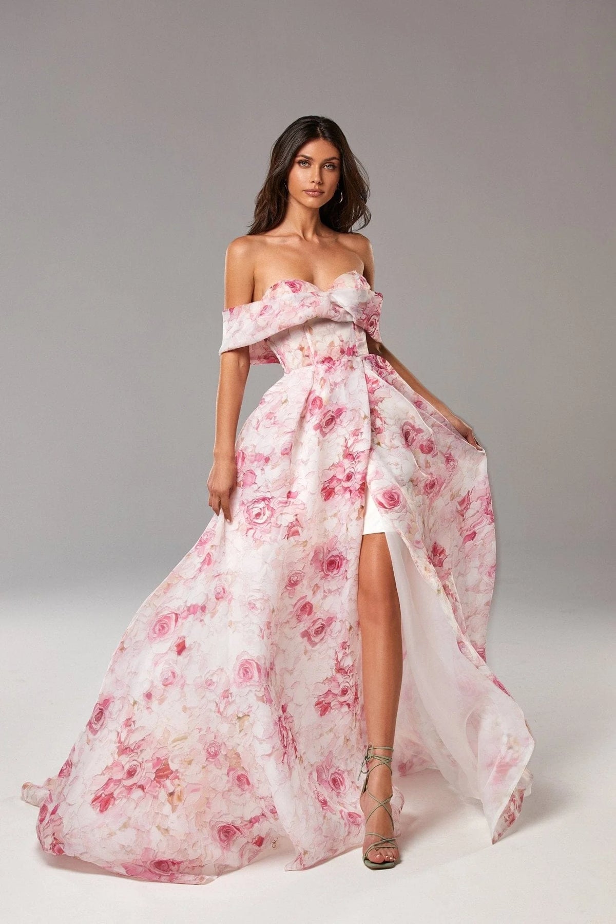 Pink Peony Chic off the shoulder floral maxi dress