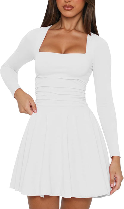 Square Neck Long Sleeve Mini Dress Ruffle Hem Corset Short Party Club Dresses