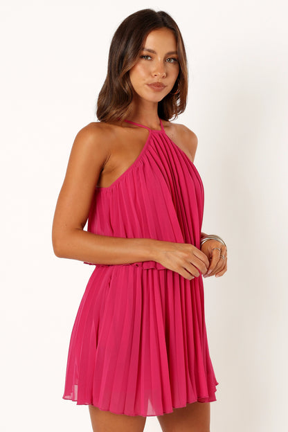 Gia Pleated Halterneck Mini Dress Hot Pink