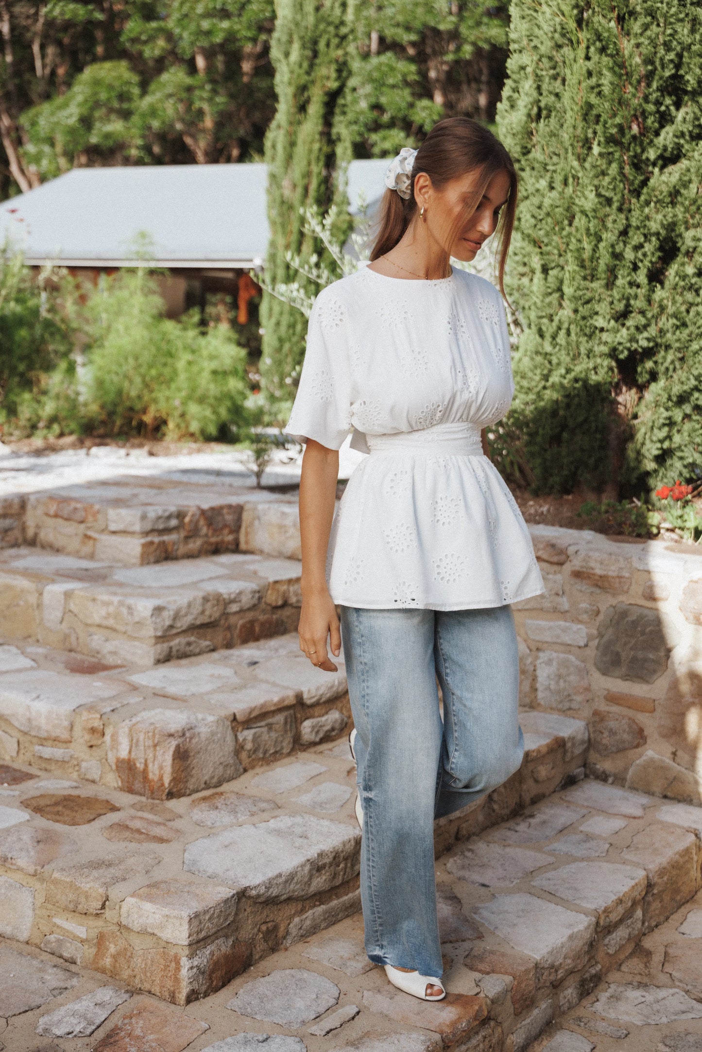 Carmel Tie Back Tunic Top White Embroidery
