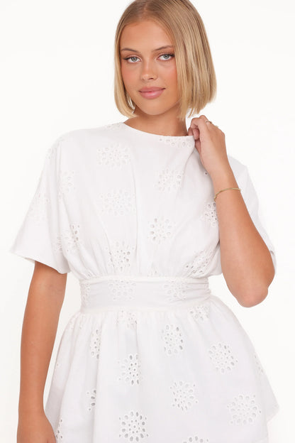 Carmel Tie Back Tunic Top White Embroidery