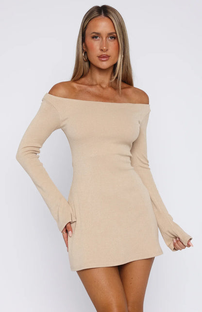 Im Not Yours Long Sleeve Mini Dress Beige