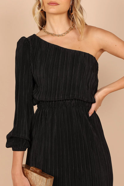 Pontee One Shoulder Pleated Midi Dress Black