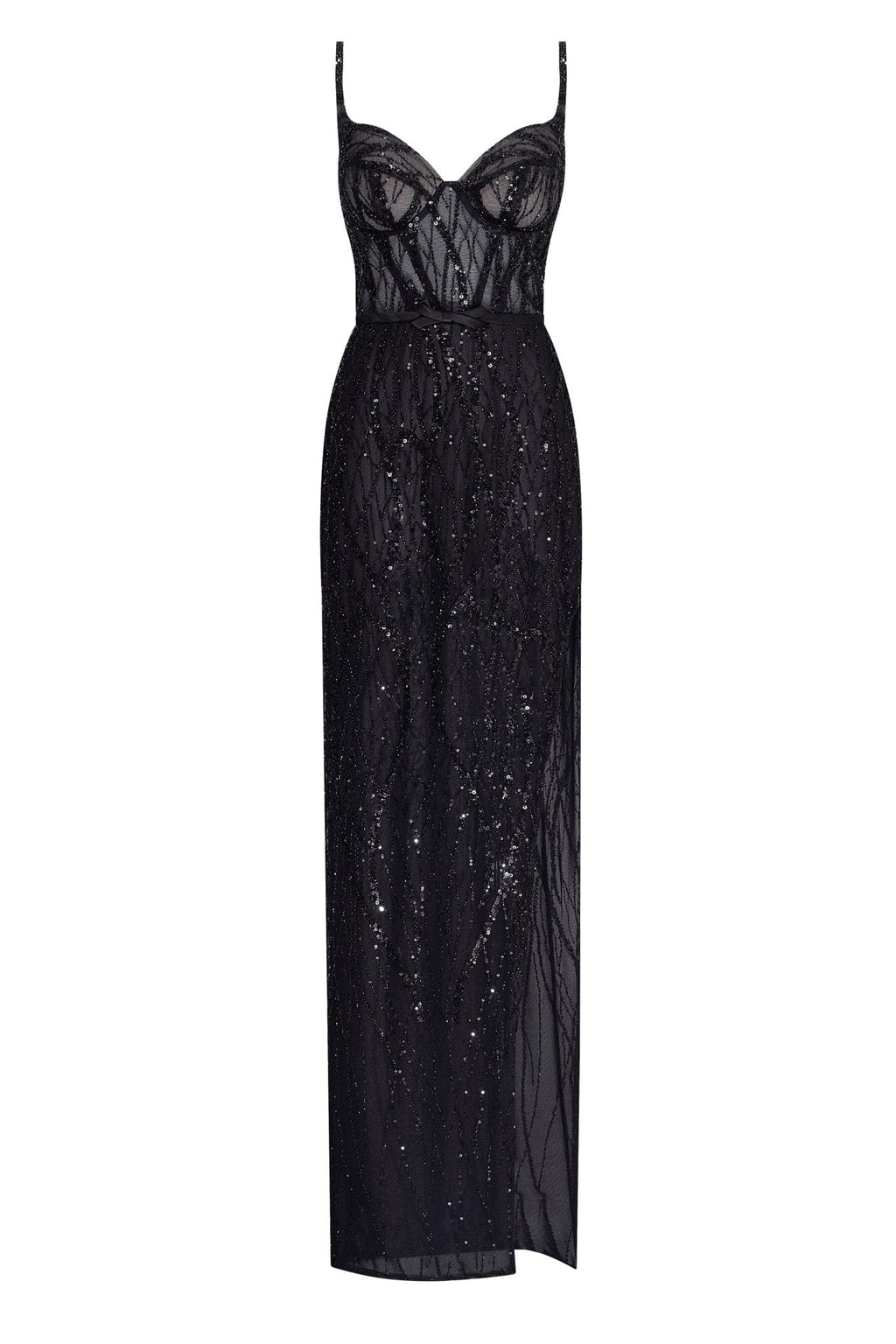 Astonishing sequined maxi gown on spaghetti straps with short briefs